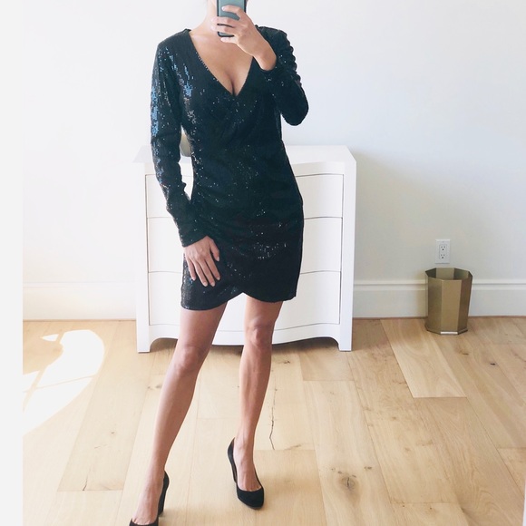 VEGAS Black Long Sleeve Sequin Surplice Dress - Picture 2 of 10